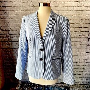J Crew Striped Summer Blazer Jacket Seersucker Blue White Lined Cotton Womens L